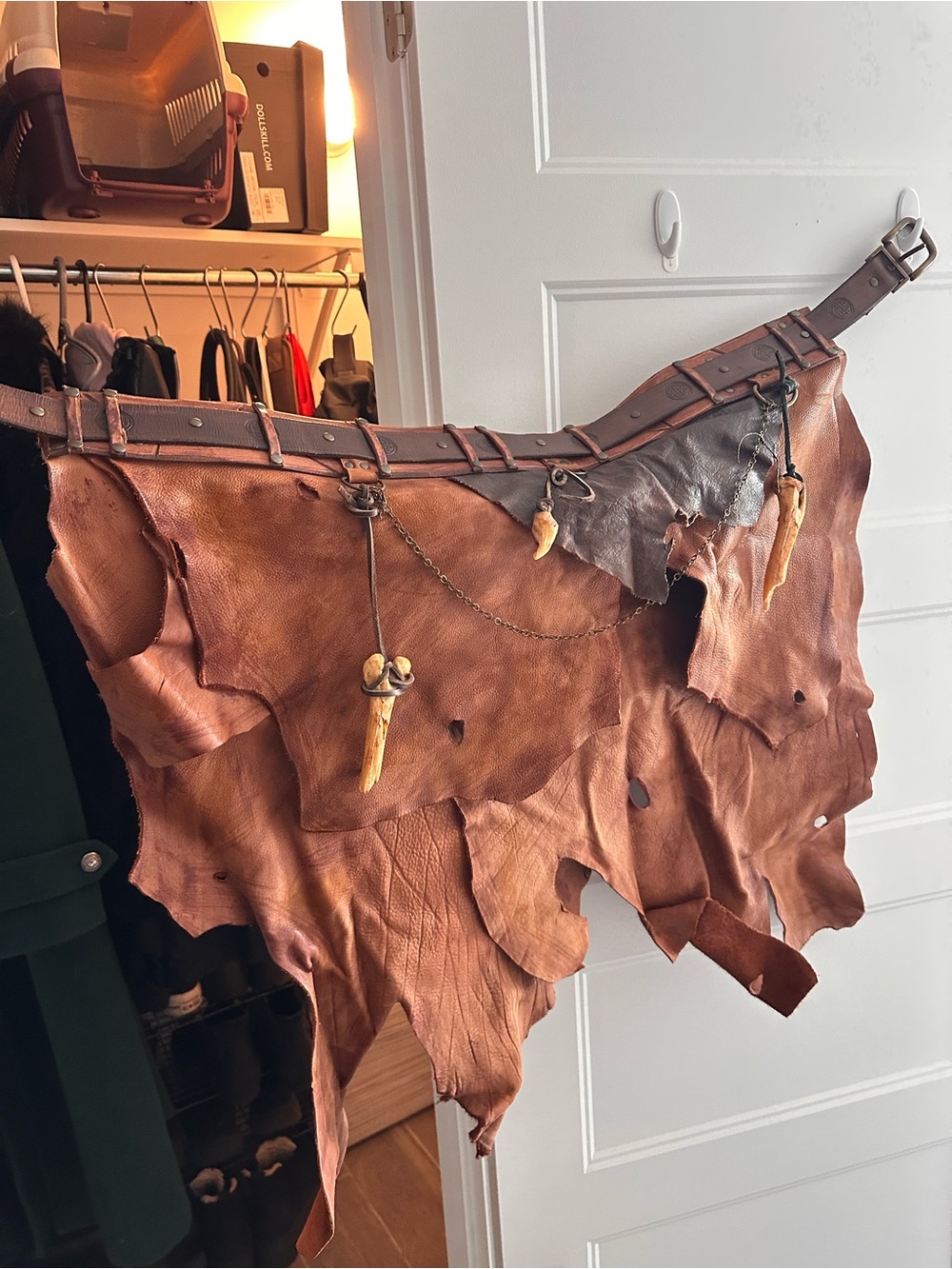 Brown Distressed Leather Waist Apron Skirt Kilt with Bones Charm Details